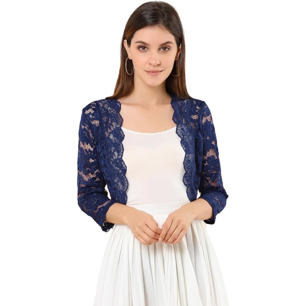 Women's Navy Lace Shrug Top 3/4 Sleeve Sheer Floral Bolero for Dressy Occasions